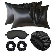 6 件套女士缎面枕套套装，含丝滑睡眠帽、睡眠眼罩和发圈，舒适的居家之选，睡眠好伴侣 - 彩色 - 查看 7