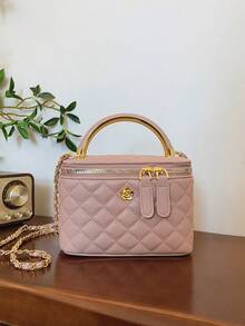 1 件黑色休闲百搭手提小方包，时尚刺绣格纹面料，适合手机、口红、零钱收纳、购物、钱包，适合年轻女性、大学生、毕业生、办公室女性。非常适合办公室、大学、工作、商务、通勤、户外活动、旅行和野餐 - 粉色 - 查看 2