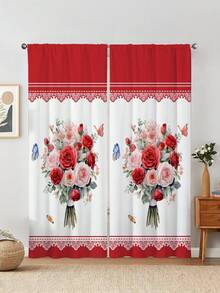 2 chiếc rèm cửa ngắn hình bó hoa hồng đỏ, rèm không có lỗ, tham khảo trang trí phòng ngủ, phòng làm việc, phòng bếp, phòng khách, phòng học - Nhiều màu - Xem 6
