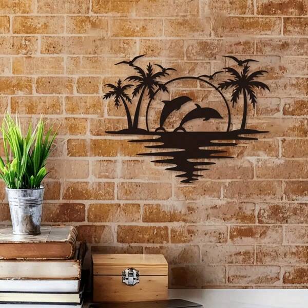1pc Coastal Charm Wrought Iron Wall Decor - Dolphin And Coconut Tree Silhouette, Perfect For Living Room, Bedroom, Hallway - Classic Style Indoor/Outdoor Metal Art, Coastal Home Decor Wrought Iron Wall Sculpture, Modern Home Living Room And Bathroom Decor