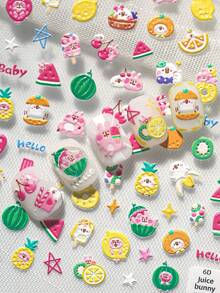 夏季新款清凉西瓜兔美甲贴，浮雕星星、草莓、樱桃等可爱俏皮的女孩图案，适合个人DIY美甲店和手机杯装饰贴 - 彩色 - 查看 4