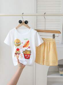 Conjunto de camiseta de manga corta con cuello redondo y estampado de hamburguesa lindo, y pantalones cortos con estampado de cuadros para niñas