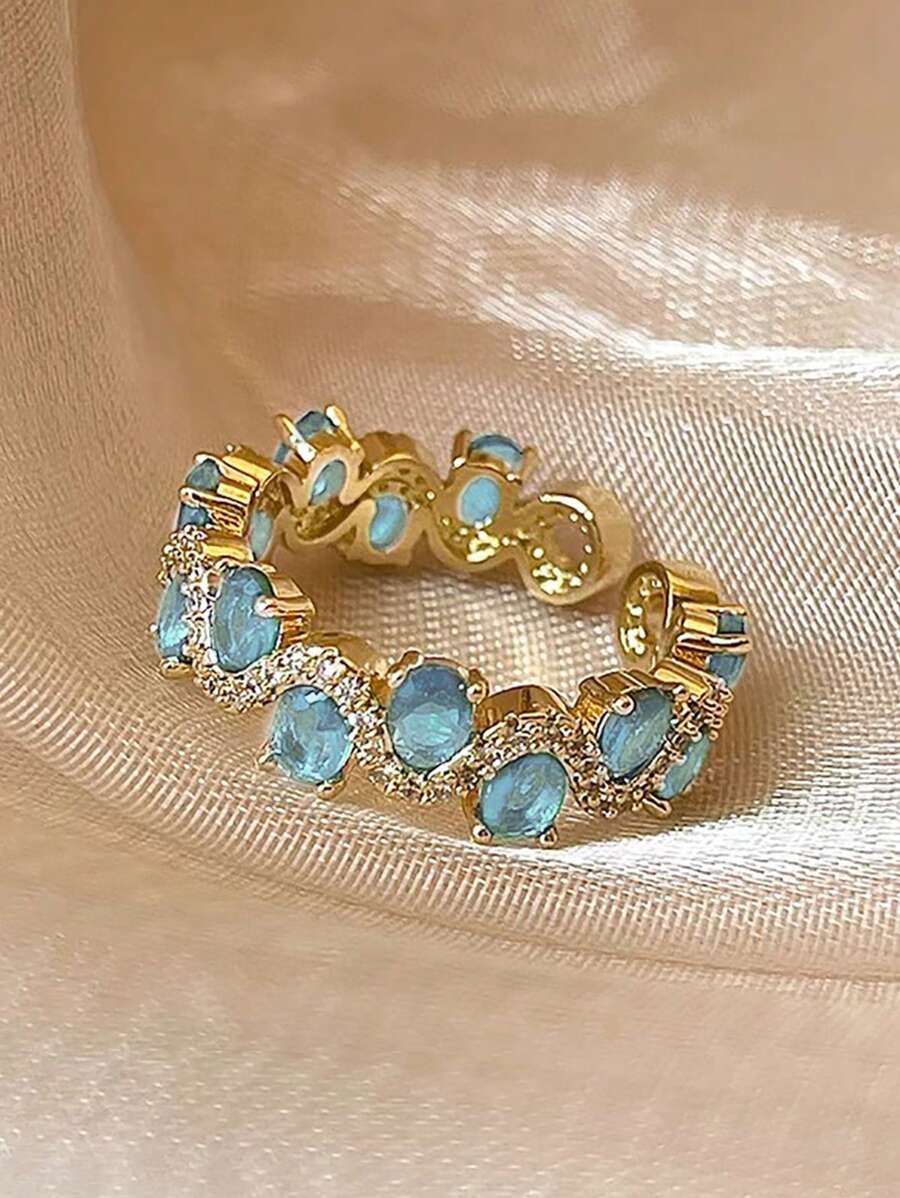 1pc Elegant And Luxurious Design Green Zirconia Inlay Copper Alloy Ring For Women