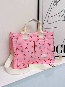 Spring/Summer New Large Capacity Multi-Pocket Cherry Print Tote Bag, Shoulder Crossbody Bag, Versatile Casual Commuter Handbag For Women - Pink - View 5