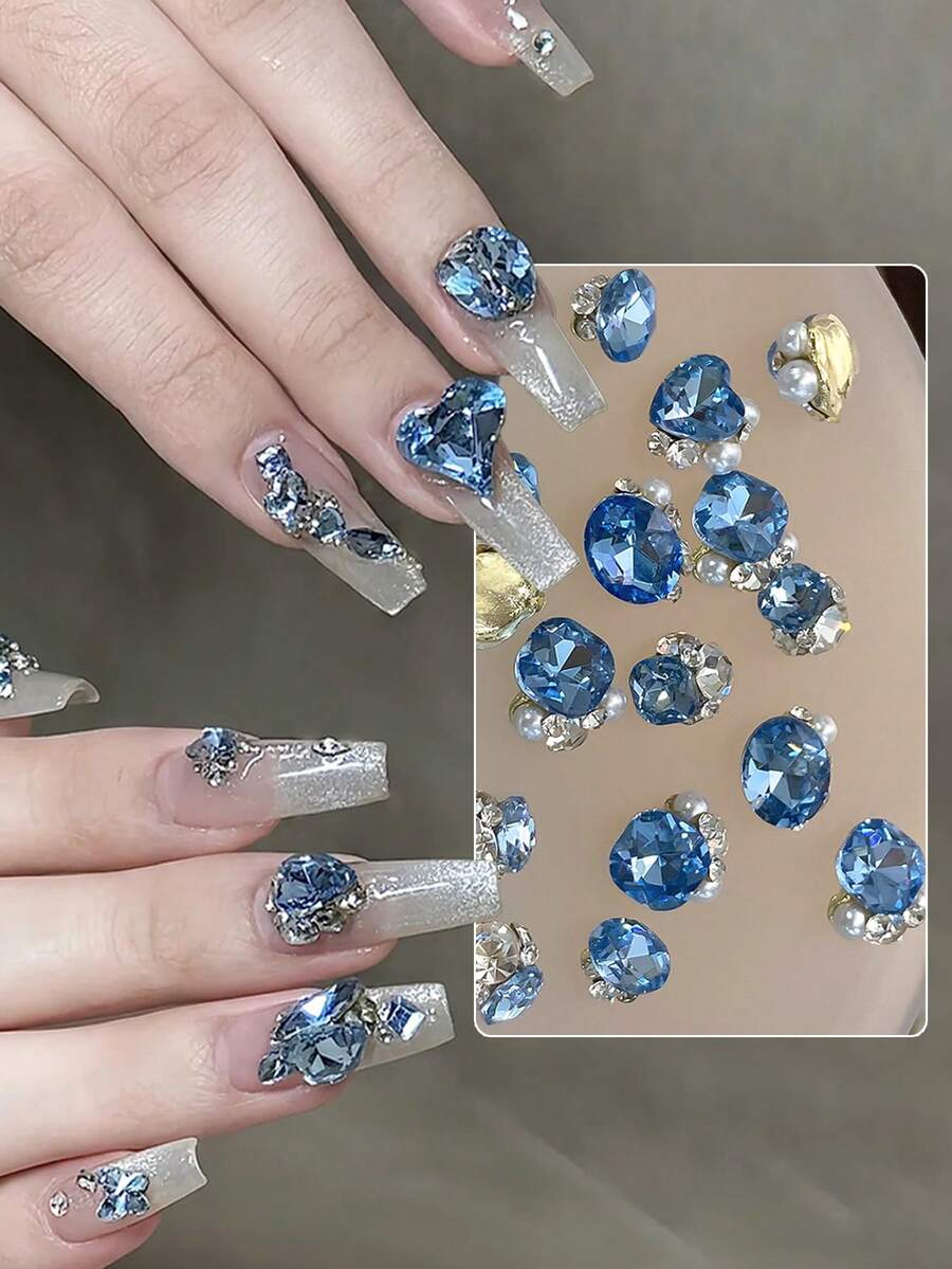 10/30件 鈷藍色分層水晶-不對稱心形吊墜,閃耀如鑽石,奢華3D簇飾,適用於美甲、貼片、美甲寶石、美甲用品、美甲水鑽、美甲飾品 - 藍色 - 查看 1
