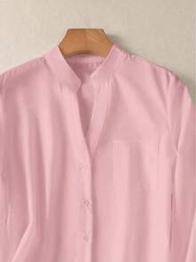 Camisa de mujer de unicolor con cuello en V y botones - Blusa casual y elegante de manga larga con detalle de bolsillo, adecuada para vacaciones, viajes y uso diario, artículo esencial para - Rosa Pálido - Ver 5