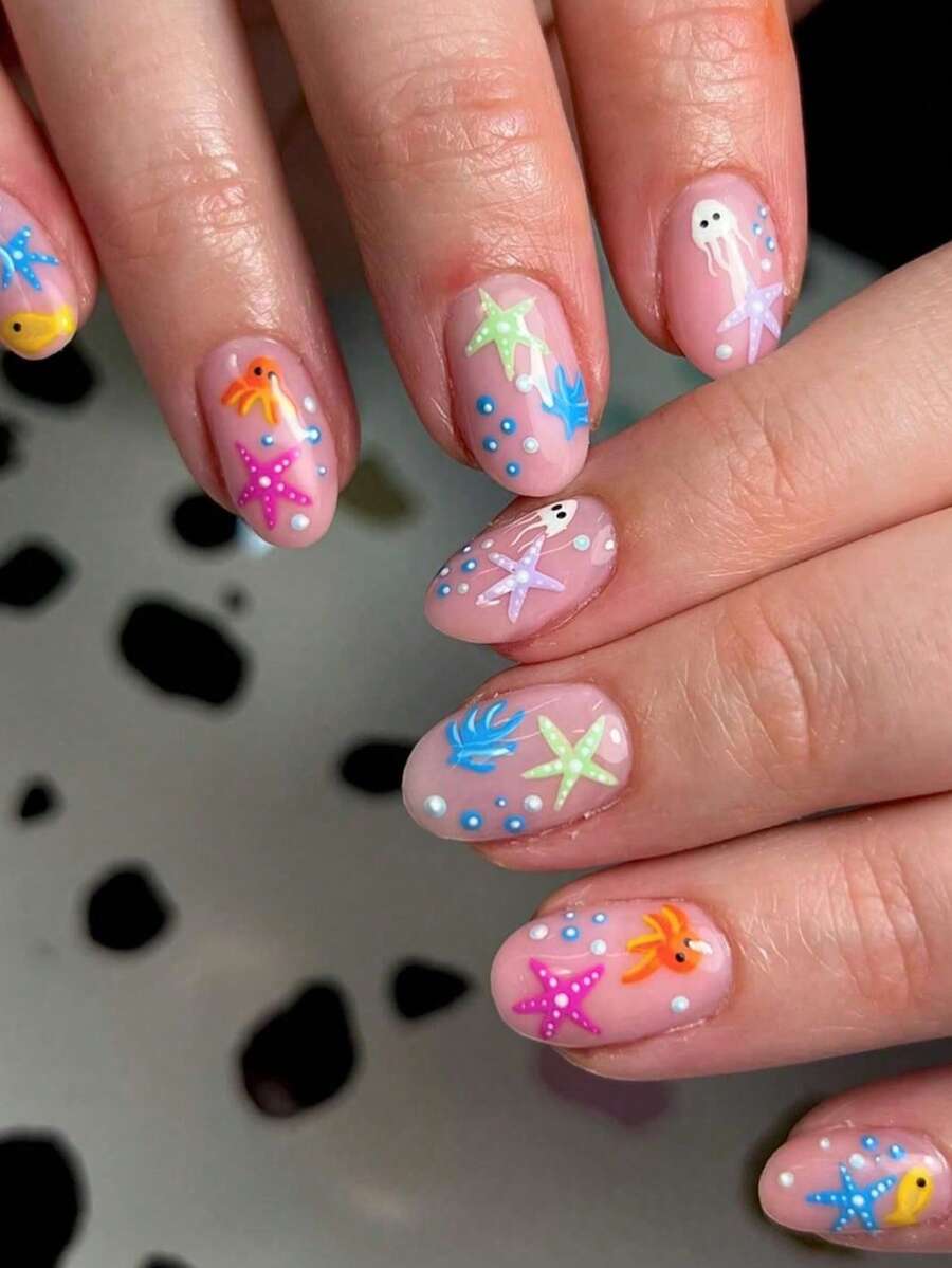 24 件圆形平头短按压指甲，带有海星和水母夏季海景设计，闪亮亮片，配有 1 个指甲锉和凝胶，适用于派对和日常使用的美甲用品 - 彩色 - 查看 1