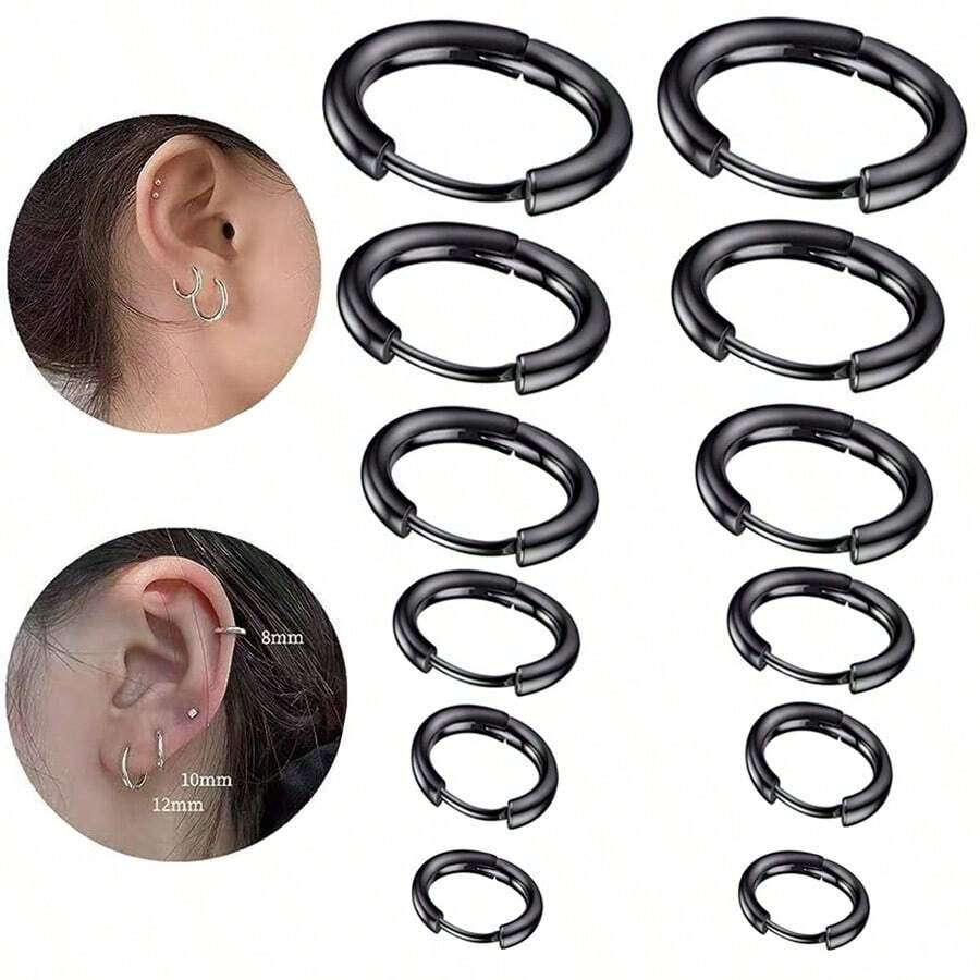 6件套 8mm/10mm/12mm/14mm/16mm/18mm 圆形不锈钢小耳环，男女通用耳软骨穿刺饰品 - 黑色 - 查看 1