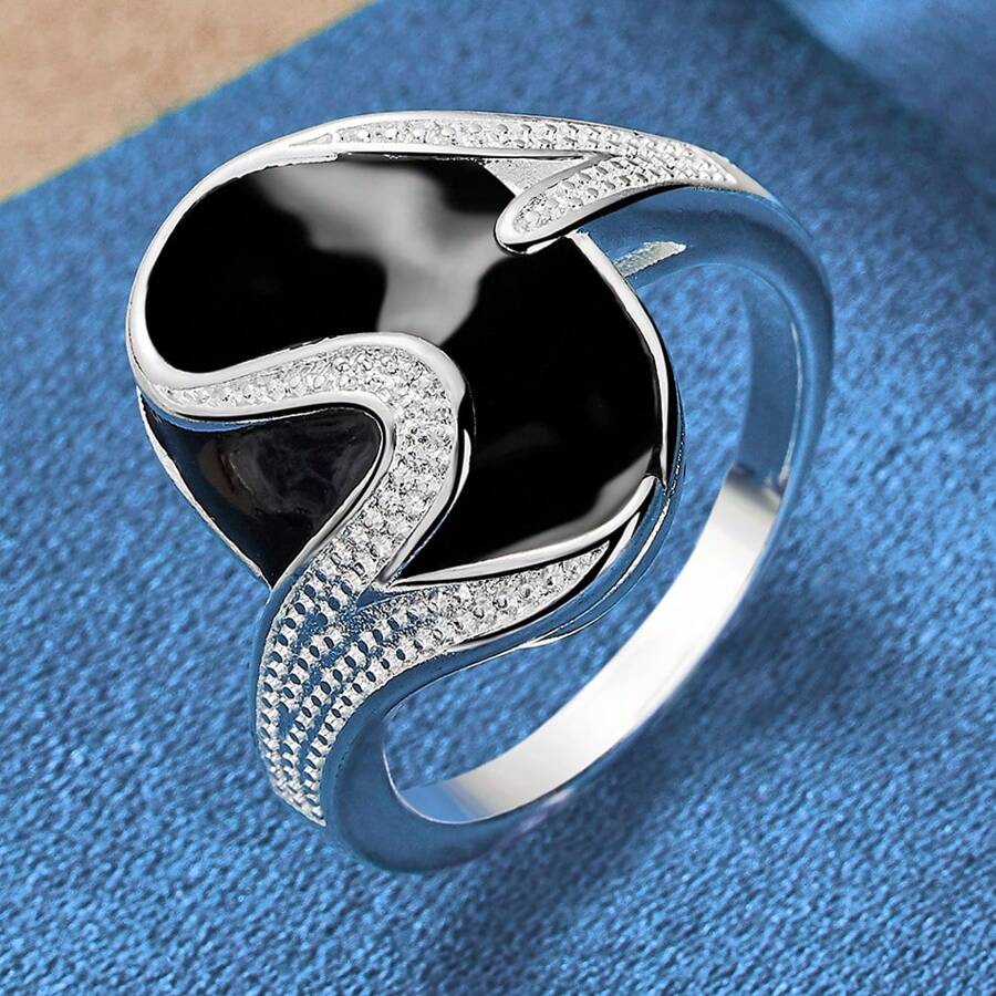 1 pieza Anillo plateado de plata esterlina 925 vintage con incrustaciones de pintura negra para mujer, joyería de moda, accesorios creativos para fiestas de moda y uso diario