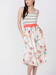 Boho Vintage Magenta Ivory Coral Pink Yellow Stripe  Band Trim Midi  Swing Southern Dress | Small-3 XL Plus - Hồng nhạt - Xem 6