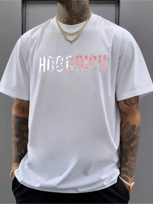 Camiseta de hombre Hoodrich, reflectante, blanca, camiseta de hombre con cuello redondo, 220 g/m², para verano, de puro algodón, manga corta (1 pieza)