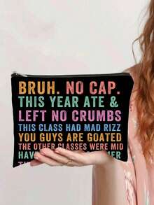 1 件装返校标语图案化妆包，双面印花收纳袋，可装铅笔、文具和小配件，涤纶面料铅笔盒，旅行必备，送给孩子的好礼物 - 彩色 - 查看 1