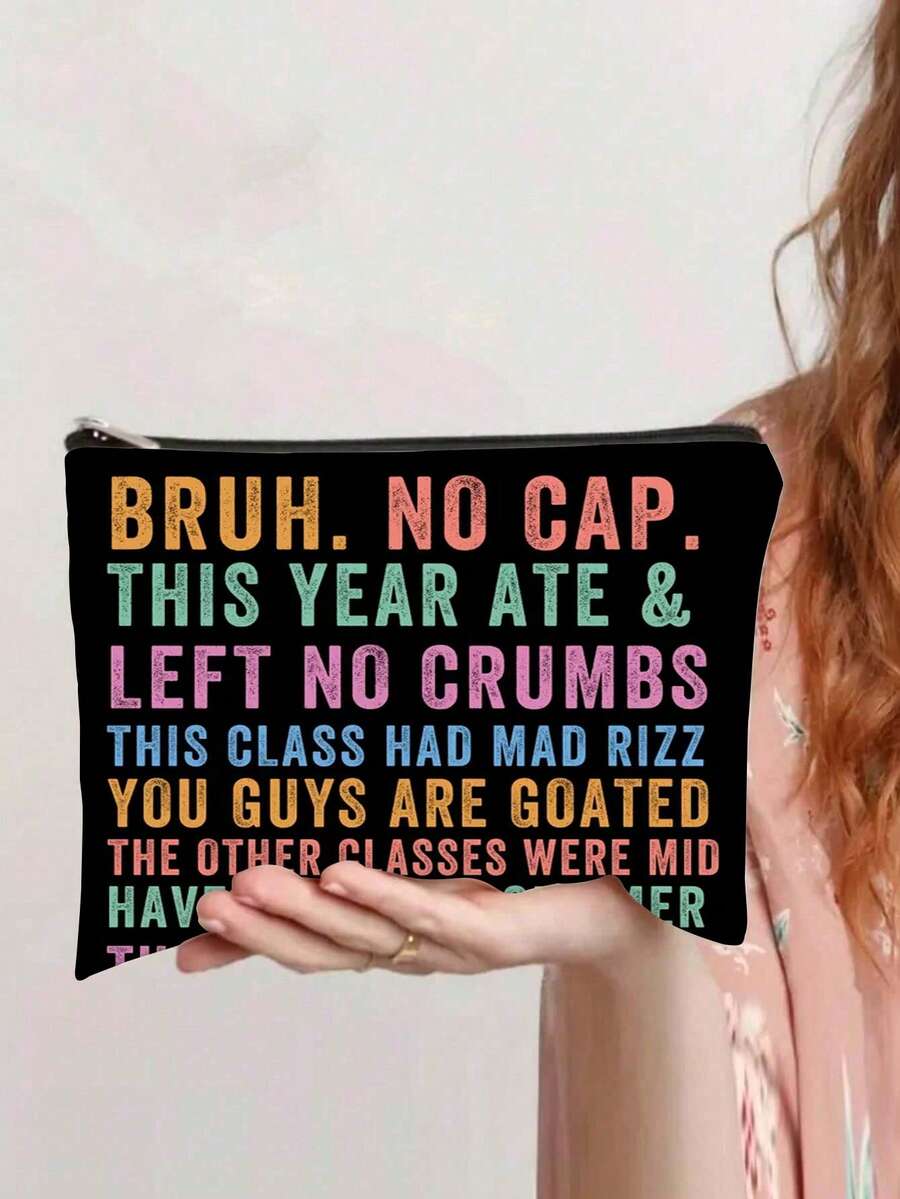 1 件装返校标语图案化妆包，双面印花收纳袋，可装铅笔、文具和小配件，涤纶面料铅笔盒，旅行必备，送给孩子的好礼物 - 彩色 - 查看 1