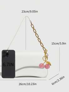 1 件女士简约仿皮方形链条单肩包，白色，适合通勤、单肩/手提，时尚樱桃装饰，适合约会、户外、派对、情人节，配有樱桃吊饰