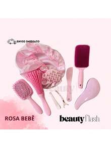 Kit 05 Escova Raquete Flex Escova Mágica e Polvo Massageador de Silicone Touca de Cetim Beauty Flash(PRETO) - Rosa Bebê - Visão 1