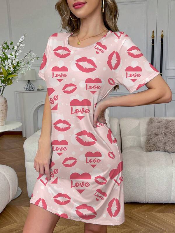 1pc Women Sexy Heart Lip Print Short Sleeve Sleepwear, Casual Comfortable Knitted Nightgown For Spring/Summer, 1pc Women Casual Round Neck T-Shirt Nightgown Home Dress
