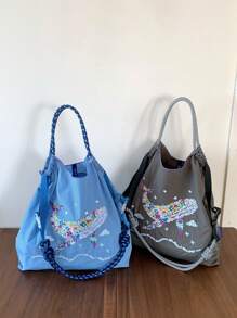 Bohemian Women's Shoulder Bag Embroidered Pattern Nylon Bag Large Capacity Cloth Bag Lightweight Foldable Storage Bag Commuter Bag Fashion Bag Travel Bag Large Capacity Tote