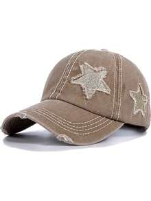 1 Piece Wash Worn-Out Ponytail Baseball Cap With Powder Dispersed Five-Pointed Star Pattern, Unisex, Adjustable Outdoor Sun Protection Casual Soft Top Hat For Spring And Autumn, Travel, Beach Vacation, Outdoor Activities Sun Hat, Y2K Style Youth Hat