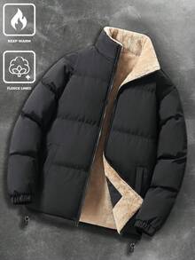 Men's Solid Color Long Sleeve Zipper Front Stand Collar Fleece Padded Coat , Zip-Up Business Casual Padded Coat, Autumn/Winter Outdoor Padded Coat,Thick Thermal Lined, Commuter Wear, Black Outerwear Men Men Jacket Winter , Fall - Black - View 9