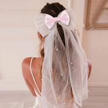 Custom Eternal Elegant Bridal Headpiece With Bow And Veil, Pearl Bow Hair Clip Tulle Veil Headband, Multiple Color Options, White Sheer Clip-On Wedding Accessories Suitable For Brides, Bridesmaids, Graduations And Bridal Parties