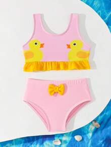 2件套女婴可爱黄色小鸭图案泳衣 - 淺粉色 - 查看 2