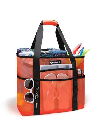 Grand sac de plage pliable avec filet et poches multiples pour filles/femmes, sac cabas léger, convient pour la piscine, la plage, les voyages, les achats, peut être plié en un petit carré pour ranger dans la valise, pratique pour diverses occasions