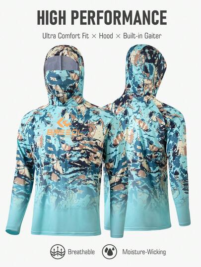 Men's High Performance Fishing Shirt Colorful Abstract Breathable Fabric With Built-In Gaiter And Hood Boyfriend Style Design Fishing Wear