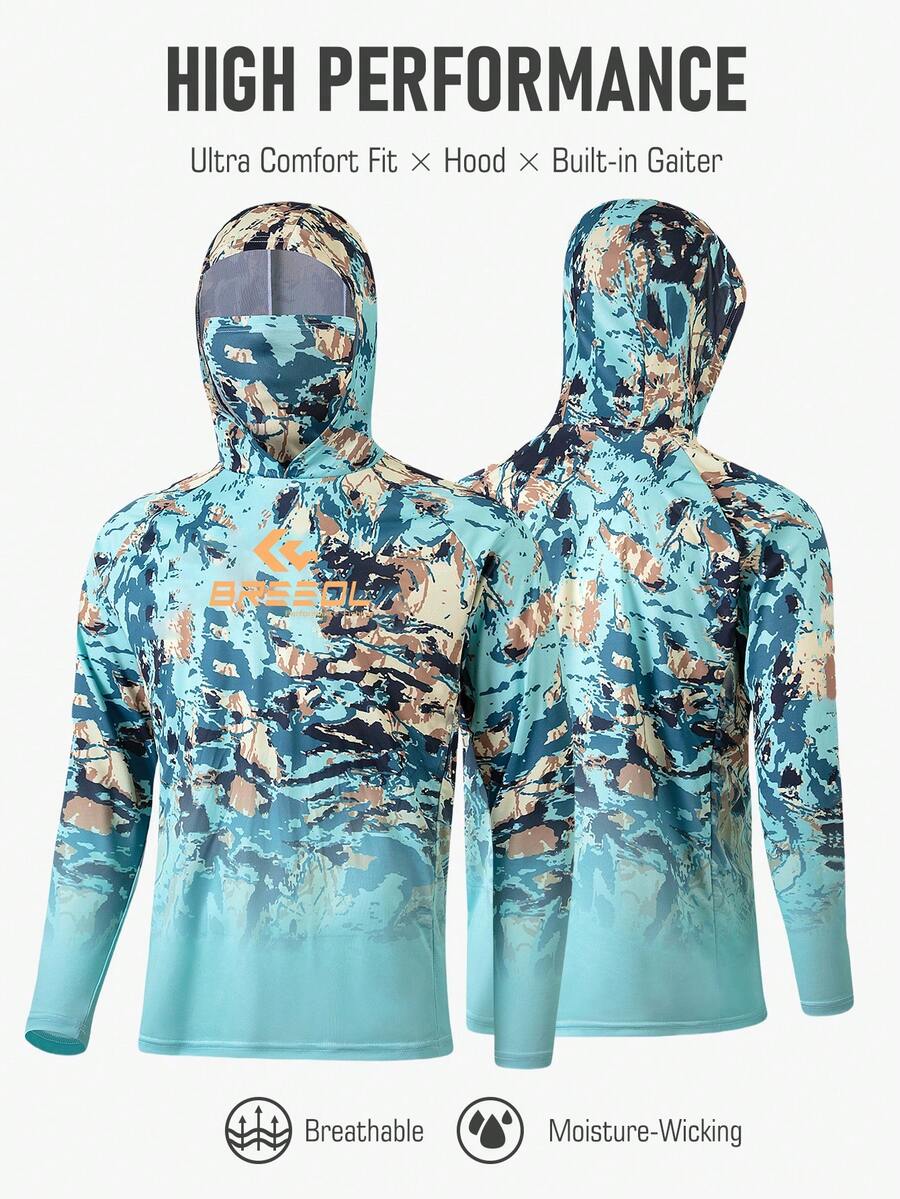 Men's High Performance Fishing Shirt Colorful Abstract Breathable Fabric With Built-In Gaiter And Hood Boyfriend Style Design Fishing Wear - Mint Blue - View 1