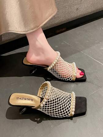 Middle Eastern Fashionable Women's Strap Square Toe Mesh & Faux Pearl Decor Low Heel Slide Sandals, Breathable & Versatile For Summer & Autumn, Ideal For Fashion-Conscious Women