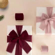 3pcs/Set Wine Red Chiffon Ribbon Set - Total Length 15yd - Elastic Fabric Gift Wrapping Ribbons For Wedding Decorations, Party Supplies, And Crafts - Burgundy - View 3