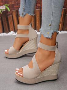 Women's Open Toe Platform High Heel Sandals, Summer Outdoor Thick Bottom Wedge Ankle Strap Roman Shoes - Beige - View 3