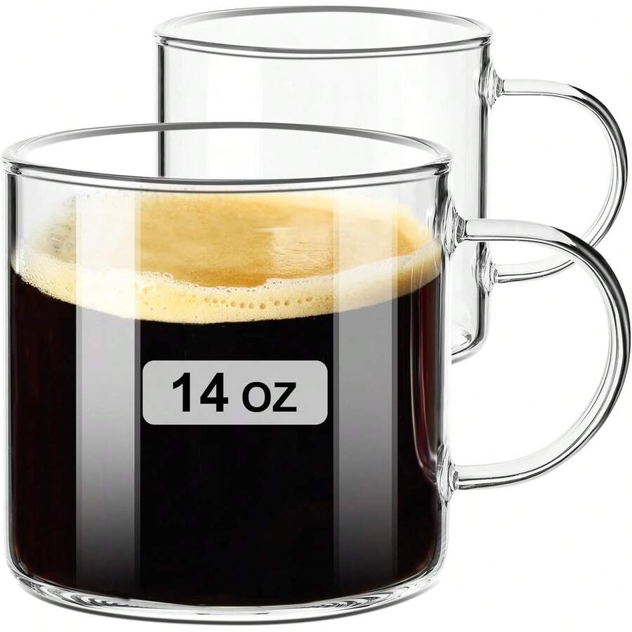 Clear 14oz Glass Coffee Mug Set Of 2, Large Glass Coffee Cups With Handle For Hot/Cold Drinks, Latte, Cappuccino, Tea, Juice, Beer - 1 - View 1