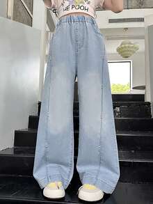 Tween 女童休闲做旧珍珠缀饰阔腿牛仔裤 - 藍色 - 查看 9