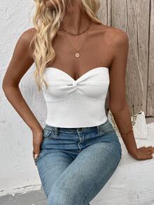 Y2K性感休闲可爱街头风紧身露背扭结针织抹胸上衣，罗纹露脐上衣，适合夏季度假、音乐节、乡村音乐会等场合。