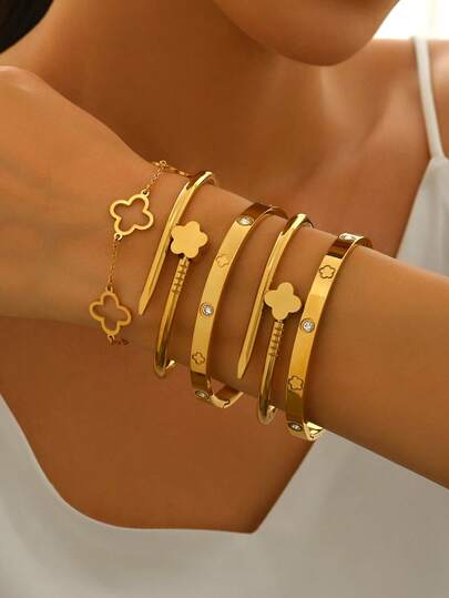 5 قطع مجموعة أساور من الفولاذ المقاوم للصدأ على شكل رباعي الأوراق الشبيه بالشمندر مرصعة بالألماس الذهبي، لا تبهت بسهولة، مرصعة بأحجار ، أساور من الفولاذ المقاوم للصدأ ذهبية أنيقة وعصرية للسيدات مناسبة للارتداء اليومي، مجوهرات الذهب للنساء والأساور اكسسوارات