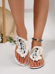 New Women Flat Sandals, Summer Thong Sandals With White Leather Upper Butterfly Decor, Fashionable Outdoor Slippers