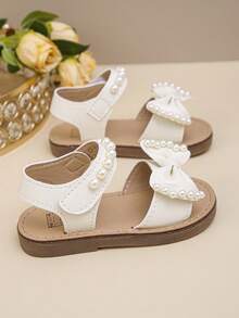 Girls' Fashion Adorable Big Bow Pearl Decor Outdoor Flat Sandals, Soft & Comfortable - Beige - View 5