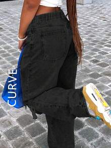 Plus Size Women Y2K Knee Ripped Skinny Straight Tapered Jeans, Mom Jeans Casual Black - Black - View 10