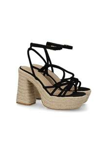 Jute Heeled Sandal With Crisscross Straps For Women, Available In Black, Beige, Gold And Purple, Square Heel, Provides A Handcrafted And Summery Touch, Ideal For Fresh And Casual Looks, Excellent Comfort - 黑色 - 查看 2