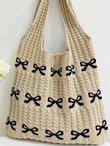 1 件蝴蝶图案撞色钩针手提包单肩包大容量时尚沙滩包多功能通勤包大容量针织流浪包可爱心形图案手提包女士休闲钩针手提包单肩包 Y2k 礼物、休闲度假、沙滩包、单肩包、手提包