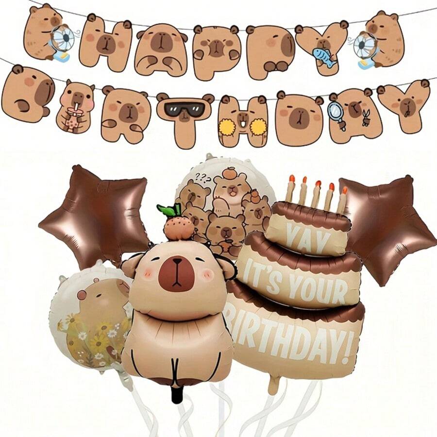 1set Capybara Theme Birthday Party Decoration Set: 6 Aluminum Foil Balloons + 1 Set Of "Happy Birthday" Letter Banners