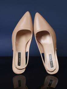 1双杏色尖头高跟凉鞋，青少年款，纯色PU拼接材质，弹性踝带，细高跟，奢华时尚凉鞋，适合日常、旅行、派对、工作穿着，夏季新品 - 杏色 - 查看 3