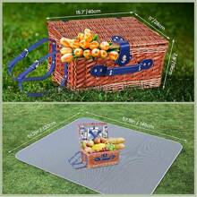 Cestino Picnic 4 Persone, Cesto Picnic Vimini con Coperta Impermeabile e Set di Posate, Set Pic Nic 4 Persone per Campeggio, Cestino Pic Nic Vimini (Blu)