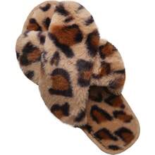 Local Delivery--LZLER Women's Cross Band Slippers, Soft Plush Fleece Lightweight Non Slip Open Toe Flip Flop Shoes House Indoor Outdoor Fur Fuzzy Slippers - 棕色豹紋 - 查看 1