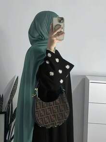 Modest Long Sleeve Abaya Dress Featuring Scoop Neck And Floral Appliques On Woven Fabric