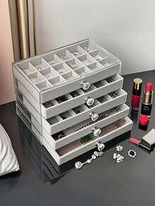 1个，54格，5/3层，透明，天鹅绒，亚克力首饰盒 - 大容量，可收纳耳环、戒指、项链，居家旅行皆宜，抽屉采用防褪色软垫设计，M码为首饰托盘（请谨慎购买）（包含首饰托盘），女士礼物，现代风格首饰盒，多抽屉首饰收纳盒 - 大容量，可收纳耳环、戒指、项链和珠子