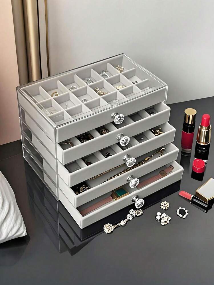 1 Peça Caixa de Joias Acrílica Transparente de 5 Andares, Caixa de Armazenamento de Joias de Grande Capacidade, Estilo de Gaveta Vitrine de Joias com Bandejas de Veludo Ajustáveis, Adequada para Brincos, Anéis, Pulseiras, Colares, Ideal para Organização de Joias em Casa - multicolorido - Visão 3