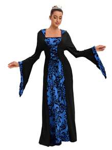 Bestseller mode femme européenne et américaine pour dîner, robe ample à capuche médiévale, cravate imprimée rétro artistique à manches longues, taille cintrée pour Halloween