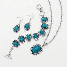 Un conjunto de cuatro piezas de pendientes ovalados grandes de aleación con estilo bohemio, un collar y una pulsera. Juego de cuatro pendientes con estilo occidental para mujer, adecuado para reuniones diarias