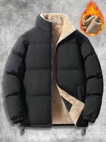 Men's Solid Color Long Sleeve Zipper Front Stand Collar Fleece Padded Coat , Zip-Up Business Casual Padded Coat, Autumn/Winter Outdoor Padded Coat,Thick Thermal Lined, Commuter Wear, Black Outerwear Men Men Jacket Winter , Fall - Black - View 11